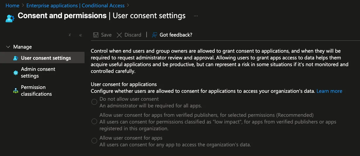 Home → Enterprise applications → Consent and permissions → User consent settings