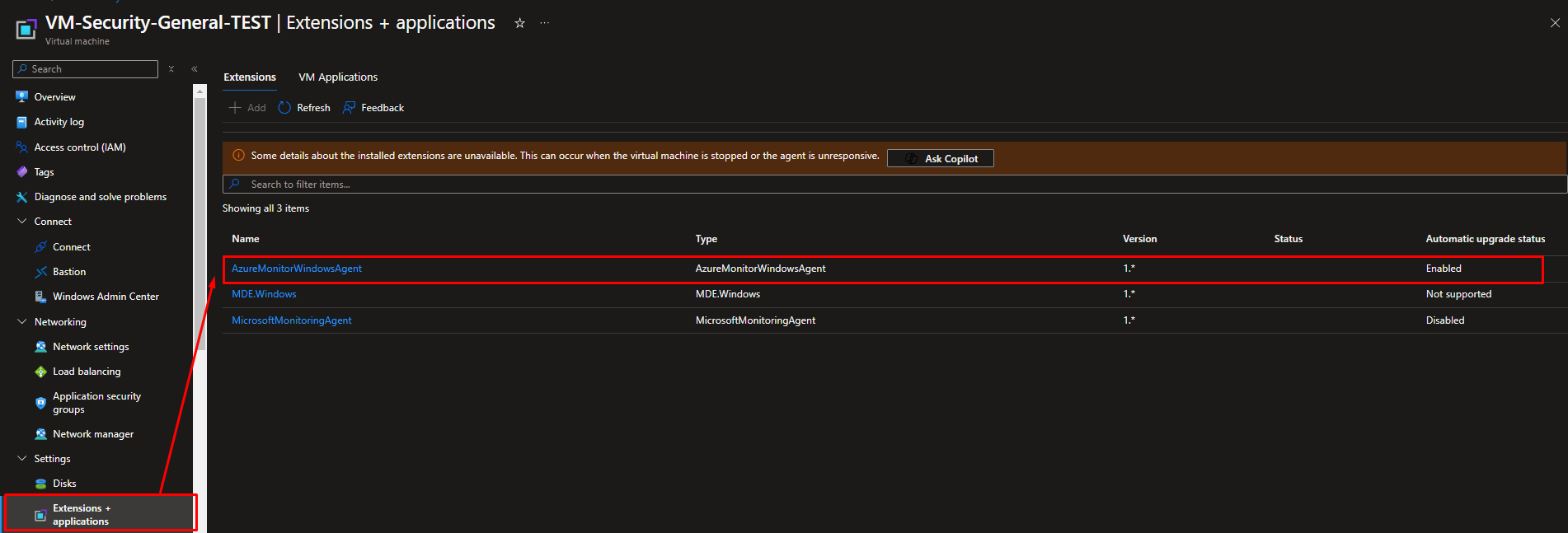 Navigate over VM → Extensions + application